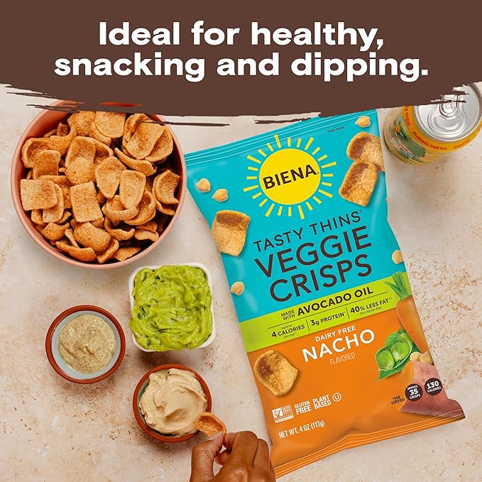 BIENA Tasty Thins Veggie Crisps ??Made with Avocado Oil - Nacho, 4-Pk 4oz Bags ??Chickpeas & Veggies, Vegan, Gluten Free, Dairy-Free, Non-GMO, Allergy-Friendly, Healthy Snacks for Adults & Kids