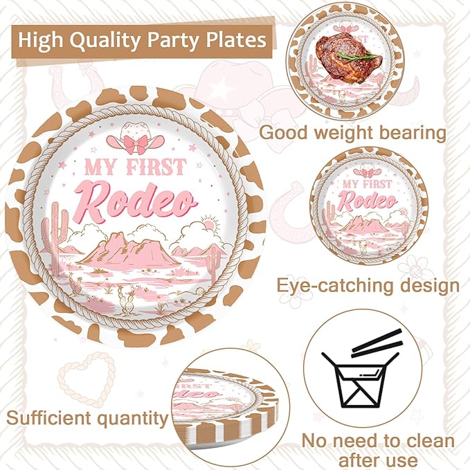 96Pcs My First Rodeo Birthday Plates and Napkins Western Cowgirl 1st Birthday Party Decorations Wild West One Dessert Disposable Paper Plates Pink Tableware Set for 24 Guests Kids Girls Party Supplies