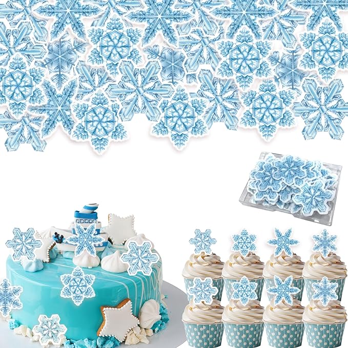 48Pcs Edible Cake Cupcake Toppers Snowflakes - Wafer Paper Edible Cake Decorations & Snowflake Cupcake Toppers for Christmas, Winter Birthday Party Decor Supplies (Light Blue & White)