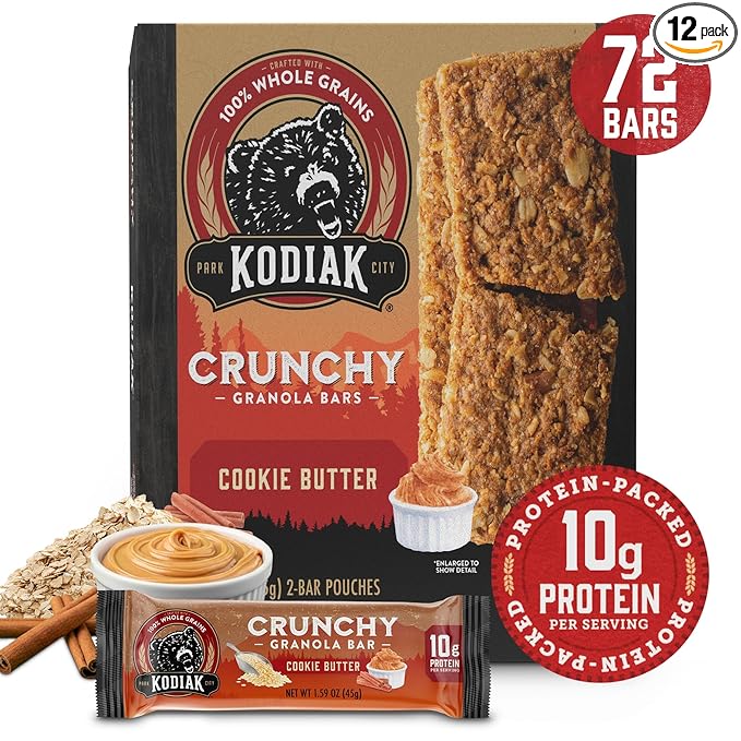 Kodiak Cakes Crunchy Granola Protien Snack Bars, Cookie Butter, High Protein, 100% Whole Grains, 12 boxes with 6 pouches (144 bars)