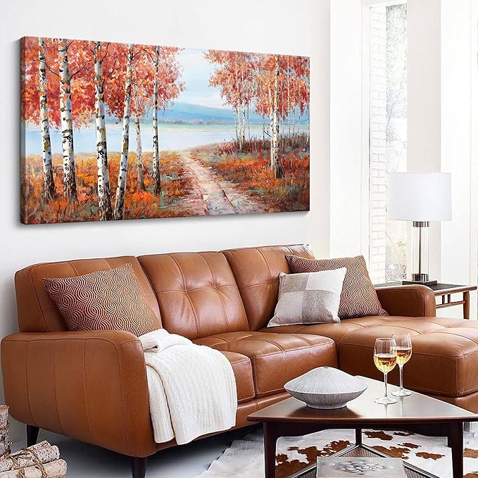YDYSUNE Birch Tree Wall Art - Orange Large Canvas Wall Decor Forest Landscape Picture for Living Room Red Home Bedroom Decoration Tree Framed Painting Artwork Size 24X48Inch