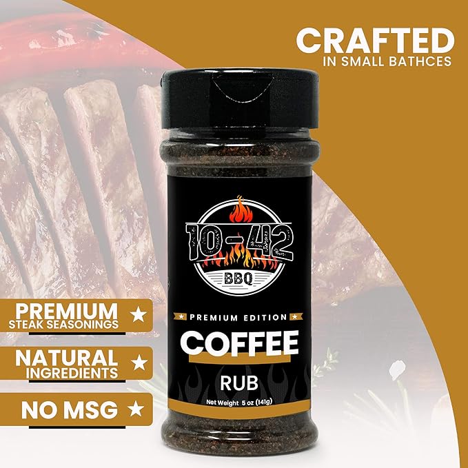 10-42 BBQ Coffee Meat Rub (NO MSG, Low Sodium) 0 Calorie | Premium Edition Steak Seasoning and Dry Rubs | Barbecue Spice Mix for Grilling Meat | Savory Flavor with Incredible Crust | 5 oz