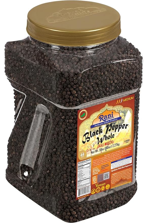 Rani Black Pepper Whole (Peppercorns), Premium MG-1 Grade 80oz (5lbs) 2.27kg Bulk PET Jar ~ All Natural | Gluten Friendly | Non-GMO | Kosher | Product of Vietnam | Perfect size for Grinders!