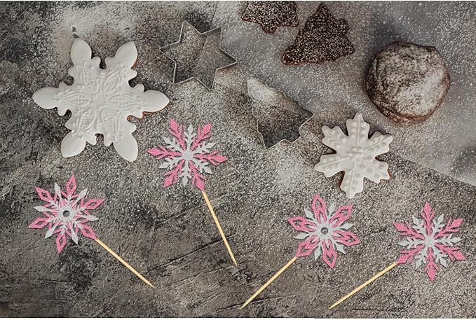 24PCS Glitter Snowflake Cupcake Toppers for Snowflake Decorations, Frozen Snowflake Cake Topper, Christmas Snowflake Cake Picks for Winter Decorations (Mix Pink)