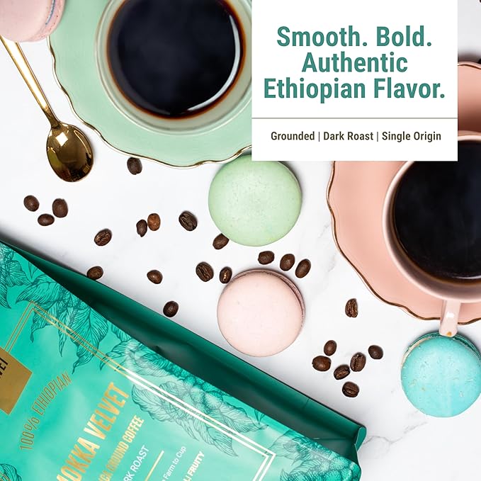 Mokka Velvet Ethiopian Coffee Ground - Organically Grown Dark Roast Coffee Ground, Single Origin, Ground Coffee, 100% Ethiopian Harar Arabica Coffee, Resealable Bag 454g.