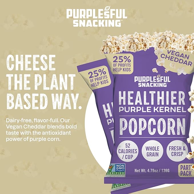 Purplesful Purple Corn Popcorn, Silkier, Creamier & Healthy Popcorn, Vegan-Friendly, Non-GMO, Flavorful Popped Corn Gourmet Snack, Vegan Cheddar, Big Bulk Pack - 4.8 Oz Per Pack (Pack of 3)
