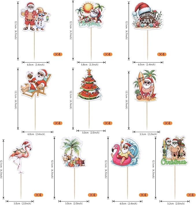 Rsstarxi 40 Pack Summer Christmas Cupcake Toppers Christmas in July Cake Decorations Santa Surfboard Snowman Flamingo Cupcake Picks for Summer Beach Pool Birthday Party Decors