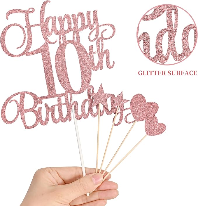 10th Birthday Cake Decorations, 10th Birthday Candles Cake Numeral Candles and Glitter Happy 10th Birthday Cake Toppers Set for Birthday Party Supplies (Rose Gold)