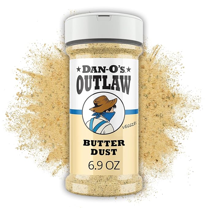 Dan-O's Outlaws Butter Dust Seasoning, 6.9 oz Bottle, Buttery All Purpose Seasoning for Chicken, Veggies, Popcorn and More, Sugar Free, Zero Calorie, This Spice Blend Adds Rich Flavor Without the Mess