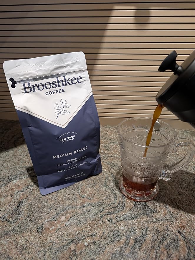 Brooshkee Specialty Coffee - Medium Roast Ground Coffee, Central & South American Blend, Smoky & Savory, 12 oz. Upscale quality without the upscale price