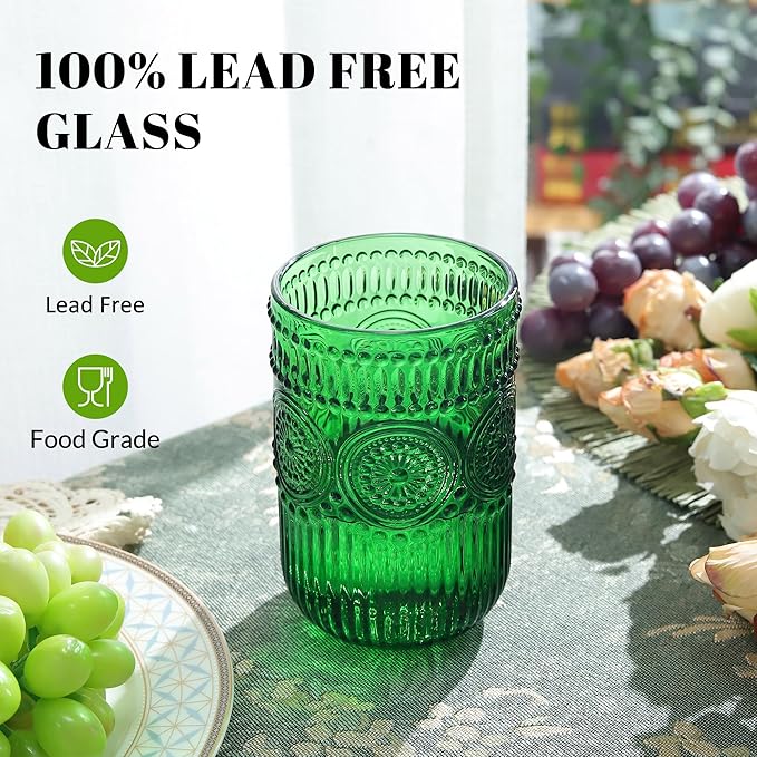 Joeyan Vintage Drinking Glasses Set of 4,14 oz Green Embossed Sunflower Beaded Highball Glass Water Tumbler Cups,Colored Romantic Glassware for Beverages Cocktail Juice Wine,Dishwasher Safe