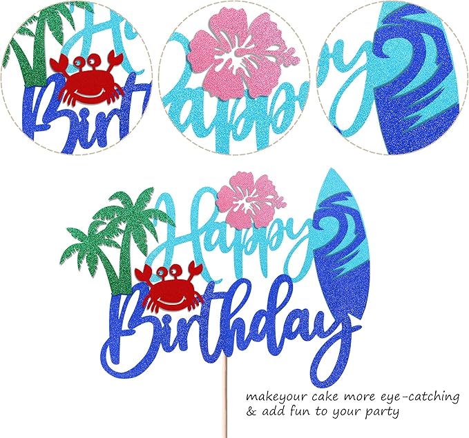 Rsstarxi 1 Pack Beach Happy Birthday Cake Topper Glitter Flower Crab Palm Leaf Surfboard Cake Pick for Beach Surfing Hawaii Luau Theme Baby Shower Kids Boys Girls Birthday Party Cake Decorations