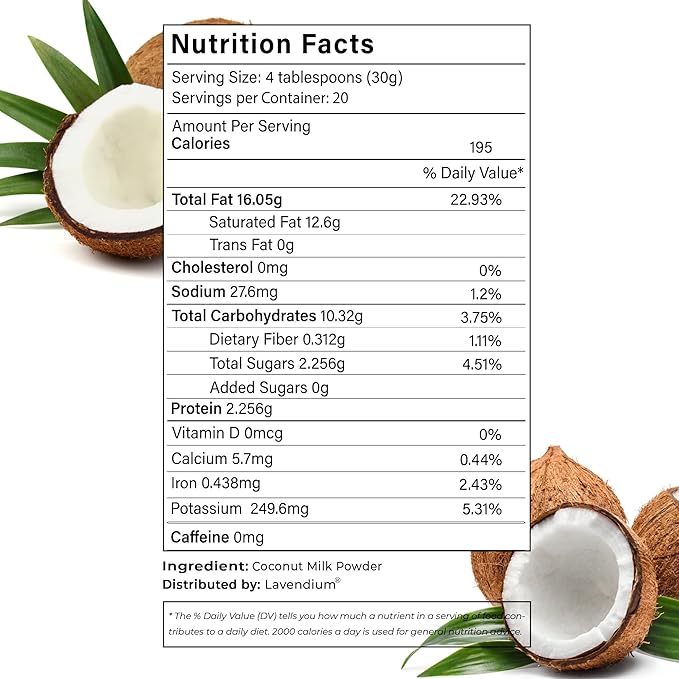 20oz (1.25 lbs) Organic Coconut Milk Powder, 100% Natural & Pure, Unsweetened, Perfect for Cake, Coffee, Tea, Creamer Alternative, No Additives, No Gluten, Vegan