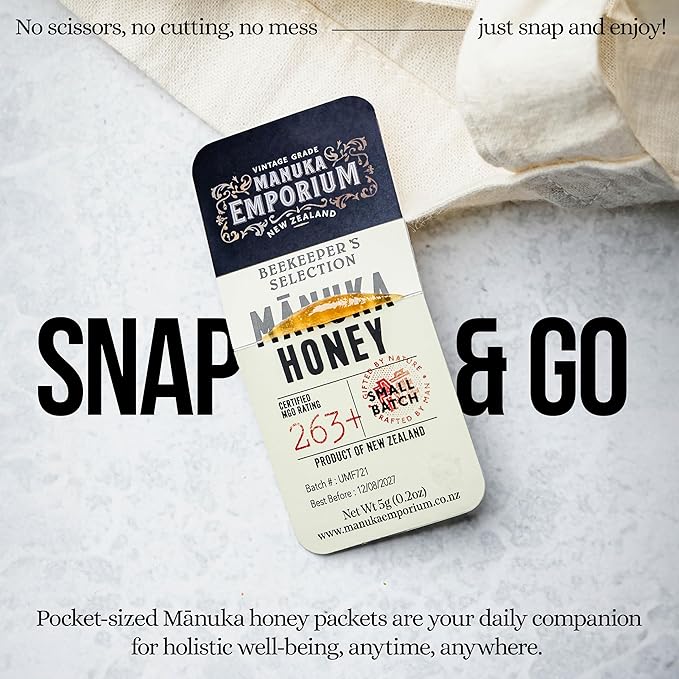 Manuka Emporium Raw Manuka Honey Packets On-the-Go MGO263+ (UMF 10+ Equiv.) 72 x 0.18oz Snap-Packets | Certified & Authentic | Harvested & Packed in New Zealand