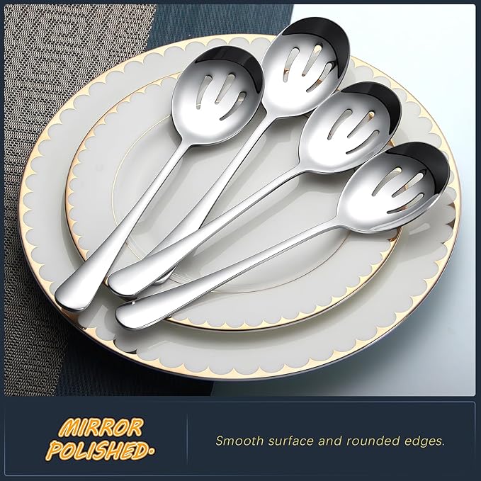Serving Spoons 4 Pieces, Slotted Serving Spoon Large Cutlery for Catering Buffet, Mirror Polished, Dishwasher Safe, 8.7 Inches
