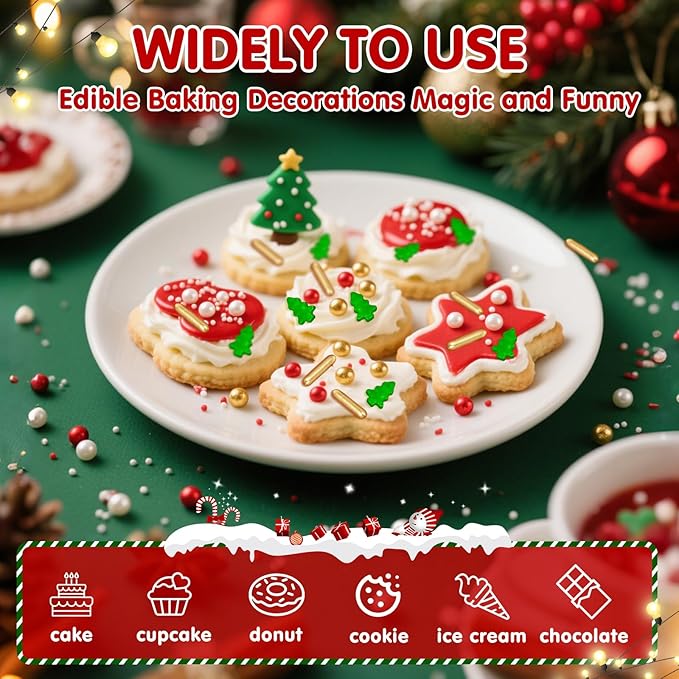 Christmas Tree Sprinkles for Cake Decorating,130g Red Gold and White Pearl,Gold Rods Green Trees Mixed,Edible Sugar Holiday sprinkle for Cupcake Toppers, Cookie, Ice Cream Decorations Christmas Party Supplies