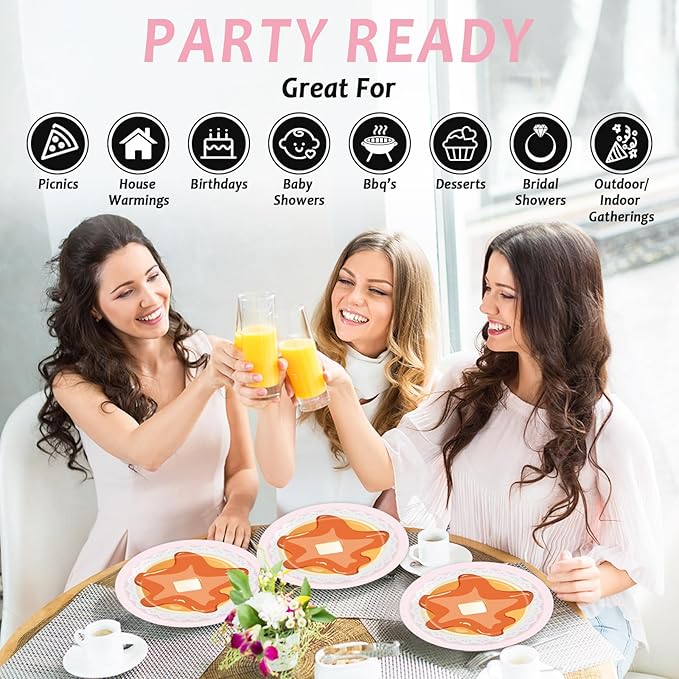 96Pcs Pancakes and Pajamas Paper Plates and Napkins Pajama Brunch Birthday Party Decoration Girls Pink Night Sleepover Dessert Plates Spa Party Cake Tableware Set for 24 Guests Slumber Party Supplies