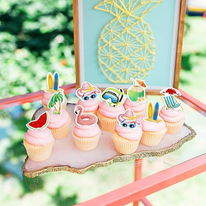 40cs Edible Summer Beach Hawaii Cupcake Toppers Watermelon Ice Scream Palm Tree Surfboard Swimming Pool Ball Slipper Cupcake Picks Baby Shower Summer Theme Birthday Party Cake Decorations