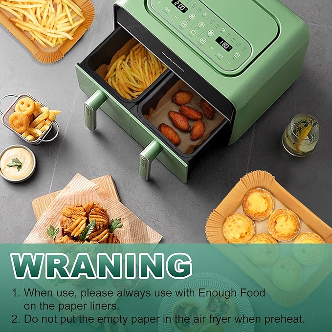 Air Fryer Liners Disposable for Dual Basket, 200Pcs Rectangle Parchment Paper Liner for Ninja DZ201 DZ401, Chefman/COSORI 2-Basket Air Fryer, Oil Proof Baking Paper by Vailnd(8.6x5.5 Inch)