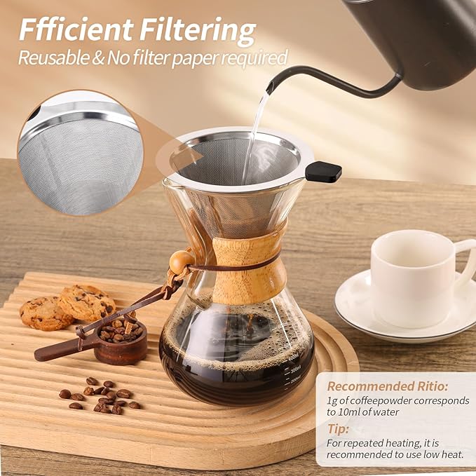 Pour Over Coffee Maker 20 OZ, 6 Cup Borosilicate Glass Drip Coffee Maker with Reusable Stainless Steel Filter and Cork Grip for Home Caf챕 600 ML