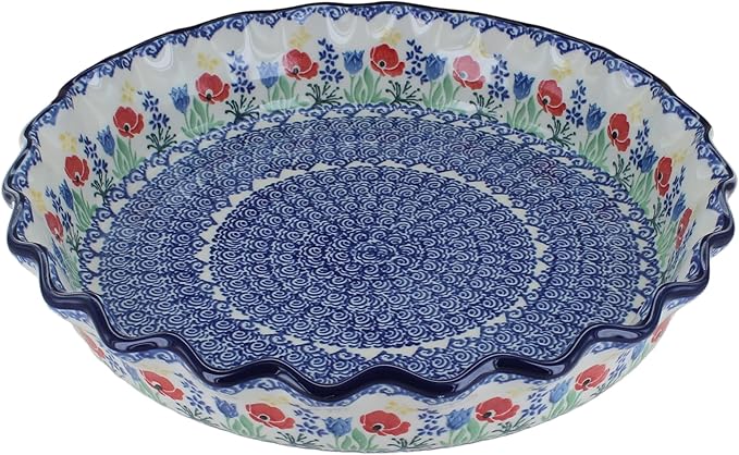 Blue Rose Polish Pottery - Blue Memory Garden Pie Plate - 10" Diameter - Ceramic Baking Dish, For Pies, Quiches & Desserts