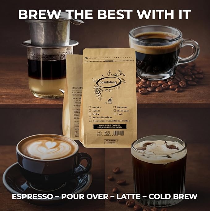 doanhdang - 17 Oz Premium Arabica Whole Bean Coffee, 100% Arabica Medium Roast, Rich Flavor for Espresso and Brew, Origin from Vietnam, Whole Med Roast Beans, Pack of 1, Phin Filter Included
