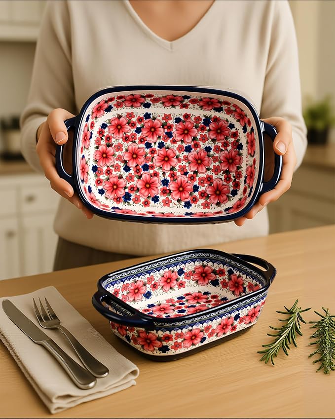 Ceramic Baking Dish Set of 2 ??Decorative Polish Pottery Style Casserole Dishes with Handles, Cute Oven-Safe Lasagna Bakeware Gift Set