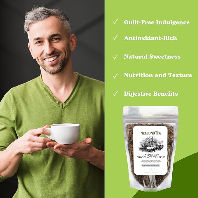 Nelson's Tea Raspberry Chocolate Truffle - Loose Leaf Black Tea with Raspberry Leaf, Chocolate Rooibos, Truffle Essence, Carob Beans, Hibiscus & Chocolates Chips, Infused with Natural Flavors - 4 oz.