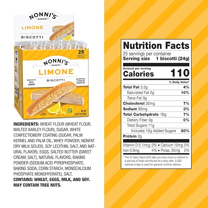 Nonni's Limone Lemon-Iced Biscotti Cookies ??Individually Wrapped Italian Tea-Time Snack, Crunchy Twice-Baked, 110 Cal Each, 21.5 oz Carton