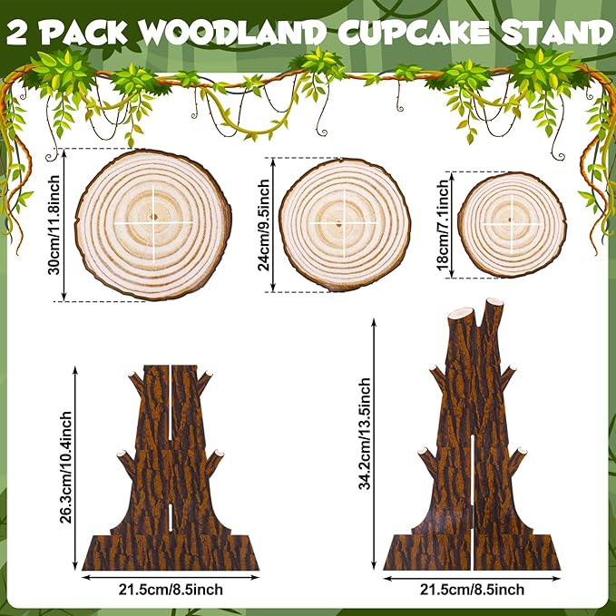 2 Pack Woodland Cupcake Stand Woodland Baby Shower Decorations 3 Tier Wood Cupcake Stand Western Party Decor for Boy Girl Camping Safari Baby Shower Birthday Forest Party Supplies