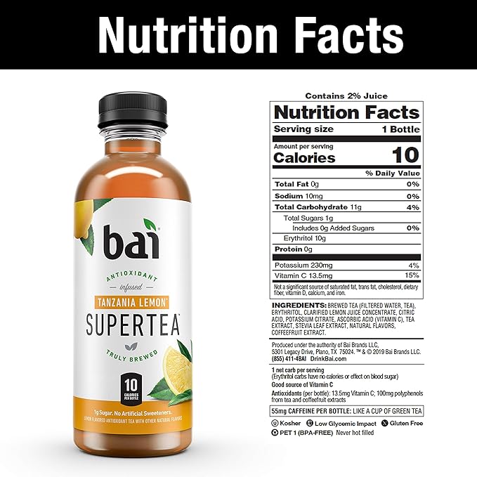 Bai Iced Tea, Tanzania Lemon, Antioxidant Infused Supertea, Crafted with Real Tea (Black Tea, White Tea), 18 Fluid Ounce Bottles, (Pack of 12)