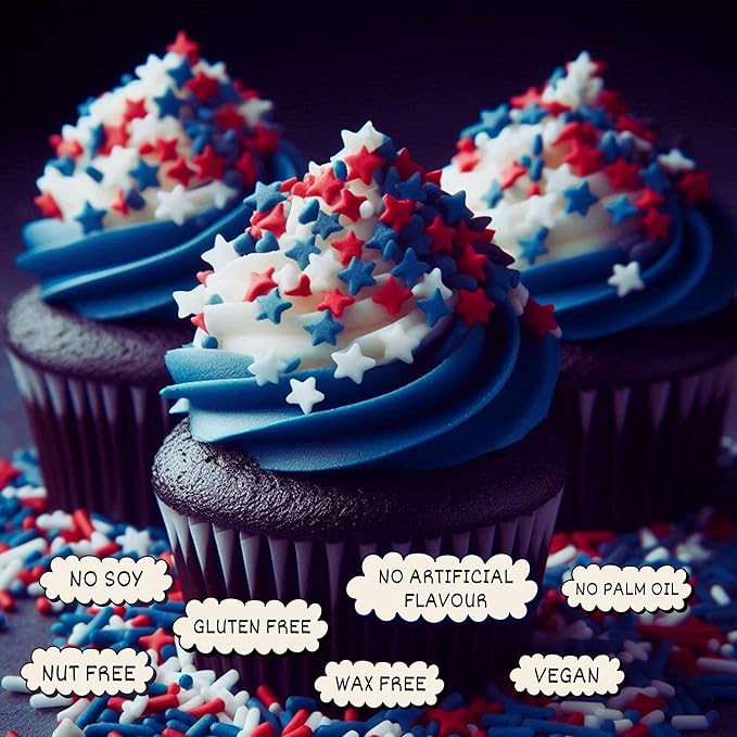 Confect Cake Mate Edible Star Sprinkles ??Red, White & Navy Blue | Vegan Cake Decorating and Baking Toppings for Cupcakes, Cookies & Ice Cream | Vegan, Gluten-Free, Soy-Free, Dairy-Free, Palm Oil-Free- 4.2 Oz