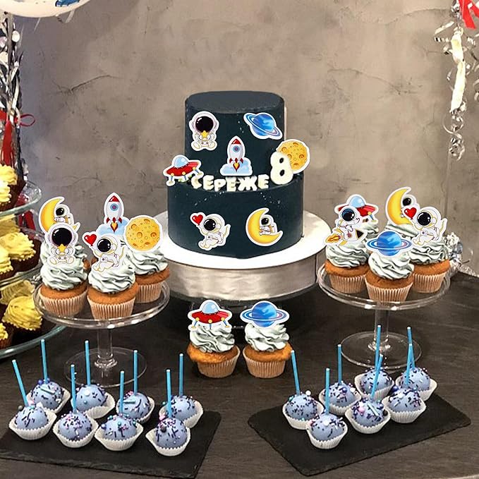 40Pcs Edible Outer Space Cupcake Toppers Space Astronaut Cupcake Picks Rocket Planet Trip to the Moon Cake Decoration for Outer Space Astronaut Theme Baby Shower Birthday Party Decorations