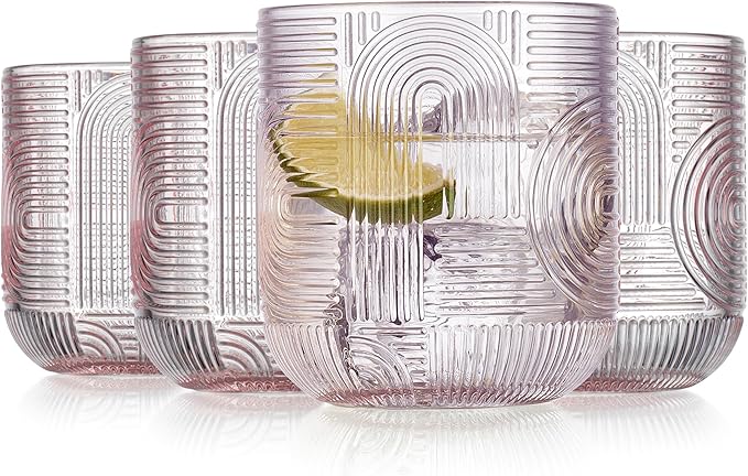 Glaver's Whiskey Glasses Set of 4 Double Old Fashioned 13 oz. Rock Glases, Pink Embossed Art Deco New Designed, Modern Vintage Drinking Glassware For Home Bar Whisky Bourbon Scotch