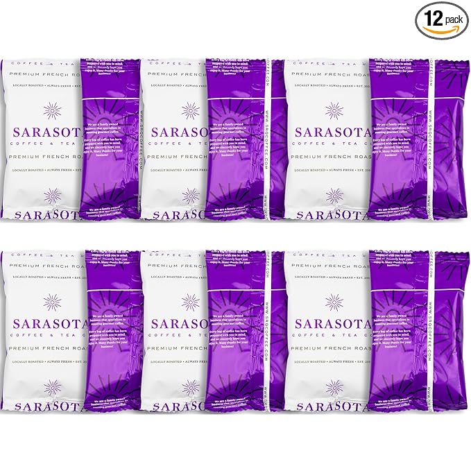 Sarasota Coffee Ground Packets | Gourmet Dark French Roast Ground Coffee Packs | Cubano European | Low Acid Mold Free Singles Individual Pouches for 12 Cup Coffee Maker | 2 Ounce Bags, 12 Count