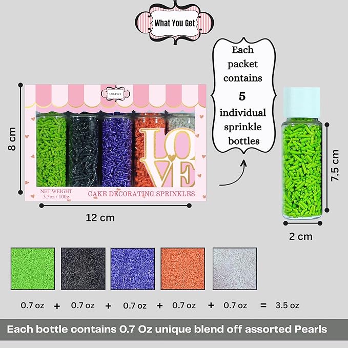 Confect Feast of Fears Sprinkles ??Edible Jimmies Mix in Silver, Orange, Irish Purple, Black & Lime Green ??Halloween Vermicelli Sprinkles for Cake, Cupcake, Cookie & Dessert Decoration- 5 Oz