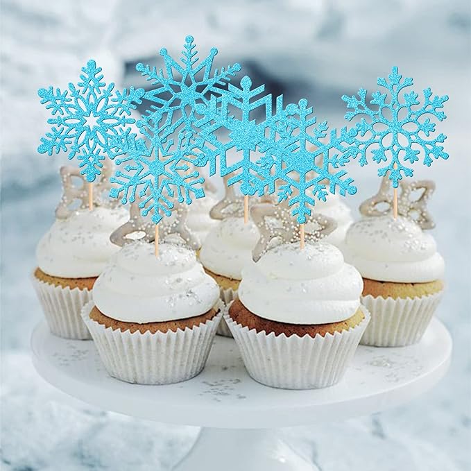 36 PCS Snowflake Cupcake Toppers Glitter Winter Frozen Theme Snowflake Cupcake Picks Winter Wonderland Cake Decorations for Baby Shower Kids Birthday Christmas Party Supplies Blue
