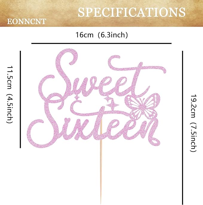 Sweet Sixteen Cake Topper - Pink Glitter Butterfly Theme Sweet 16 Birthday Cake Decorating Supplies for Girls, Sweet 16 Cake Topper for Happy 16th Birthday Anniversary Party Supplies Photo Booth Props