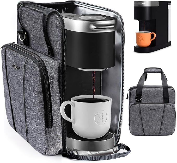 BAGSPRITE Travel Coffee Maker Bag for Keurig K-Slim, Single Serve Coffee Brewer Carrying Case, Portable Travel Coffee Maker Storage Case with Pockets for K-Cup Pods (Full Open Design Patent Pending)
