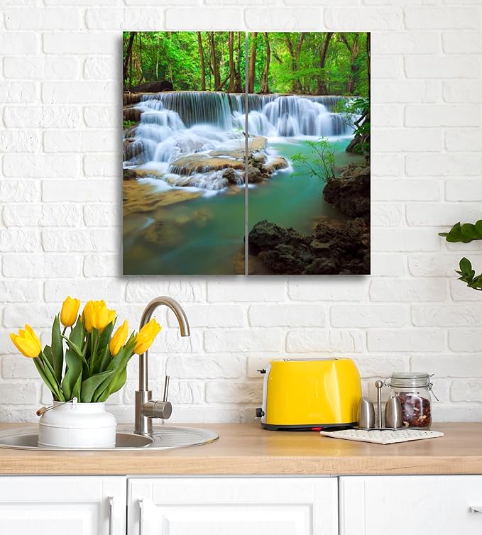 Waterfall Canvas Wall Art Decor - 2 Piece Set, Decorative Multi Panel Split Prints - Forest Landscape Picture for Living Room, Kitchen, Bedroom, Office & Home Decor Gift