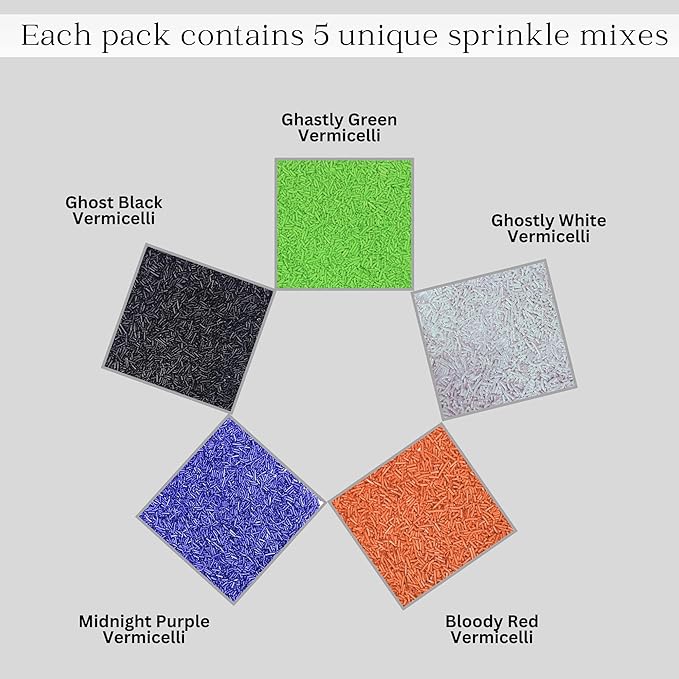 Confect Feast of Fears Sprinkles ??Edible Jimmies Mix in Silver, Orange, Irish Purple, Black & Lime Green ??Halloween Vermicelli Sprinkles for Cake, Cupcake, Cookie & Dessert Decoration- 5 Oz