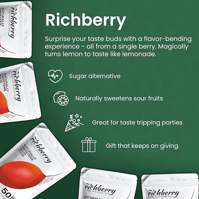 Miracle Berry by richberry, 50-Halves, Freeze Dried Premium Fruits, 100% Real Fruit, No Preservatives, Naturally Sweetens Sour Food, Great for Snacks and Taste Tripping