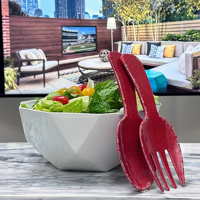 UPware Crackle Melamine Salad Servers, Serving Utensil Set, Includes Serving Fork and Spoon for Tossing Salad, Pasta, Red, 10.75 Inch, Set of 2