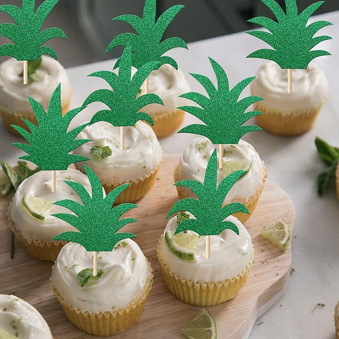 Rsstarxi 30 Pack Pineapple Cupcake Toppers Glitter Hawaiian Luau Cake Decorations Donut Pineapple Leaf Cupcake Picks for Tropical Aloha Baby Shower Kids Birthday Party
