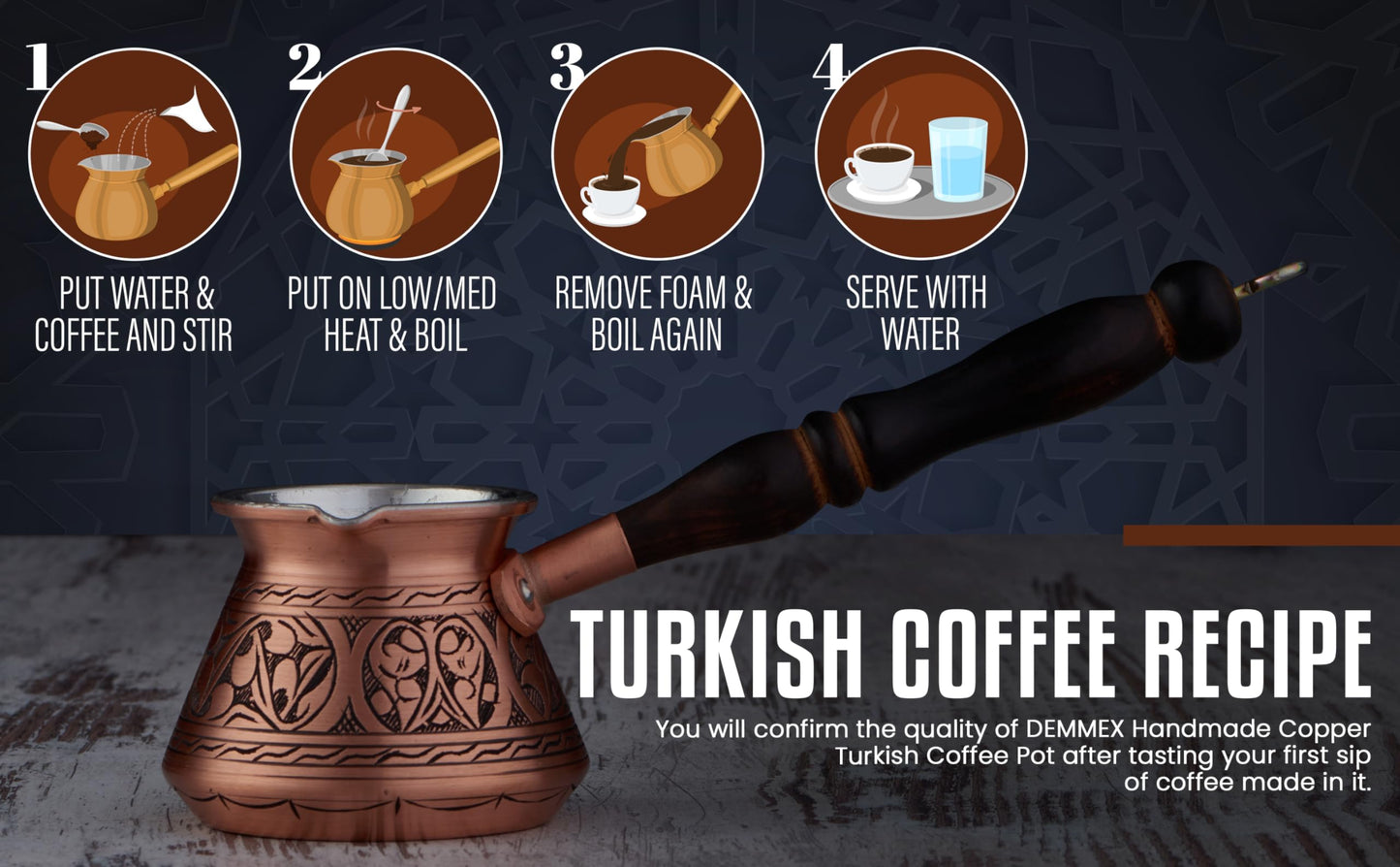 DEMMEX Copper Turkish Coffee Pot Cezve Ibrik Greek Coffee Briki Stovetop Coffee Maker with Wooden