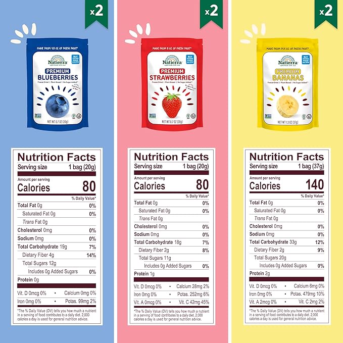 NATIERRA Premium Freeze-Dried Blueberries, Strawberries & Bananas | Non-GMO & Vegan, Gluten Free, No Additives, No Sugar Added | Variety Pack (Pack of 6)