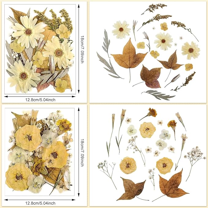 Nuanchu Pressed Flowers Bulk Dried Flower for Crafts, Dried Wildflowers Leave Natural with Tweezer for Resin Mold Scrapbooking Nail Soap Making DIY(Retro Style,Warm Color)