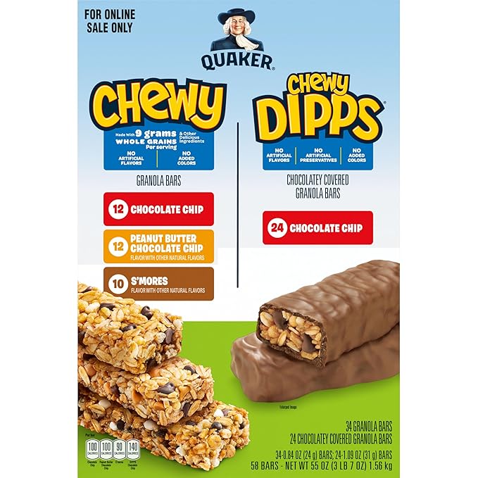 Quaker Chewy Granola Bars, Chewy & Dipps Variety Pack, (58 Bars), Whole Grains, No Artificial Flavors, No Added Colors