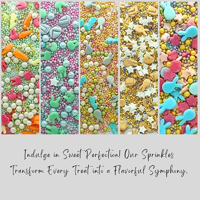 Confect Easter Sprinkles Edible | Assorted pack of 5 Parrot Green, Yellow, Pink, White and Silver Pearls & Stars I Cookies, Desserts & cupcake Decorating | Edible Sprinkles Mix for Baking & Cake