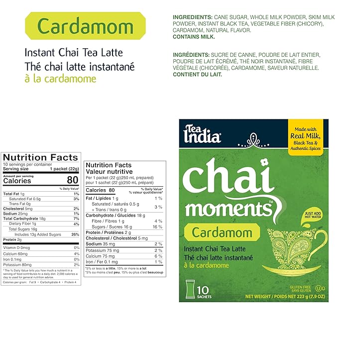 Tea India Chai Moments Cardamom Chai Tea Instant Latte Mix Flavorful Blend Of Premium Black Tea, Cardamom & Natural Ingredients Traditional Indian Tea Individually wrapped 10 Sachets